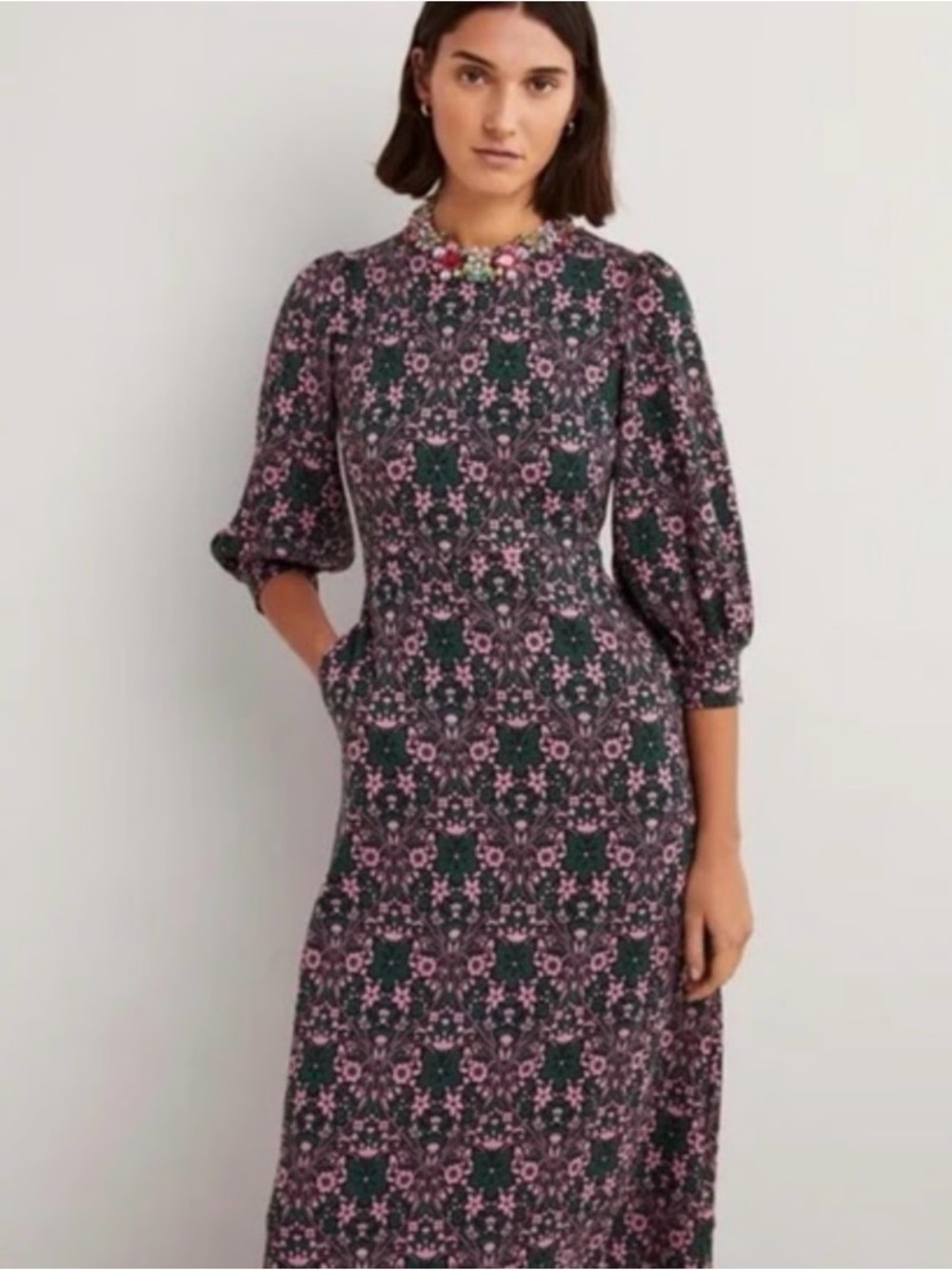 Boden Dark Green and Pink Floral Long Sleeve Midi Dress